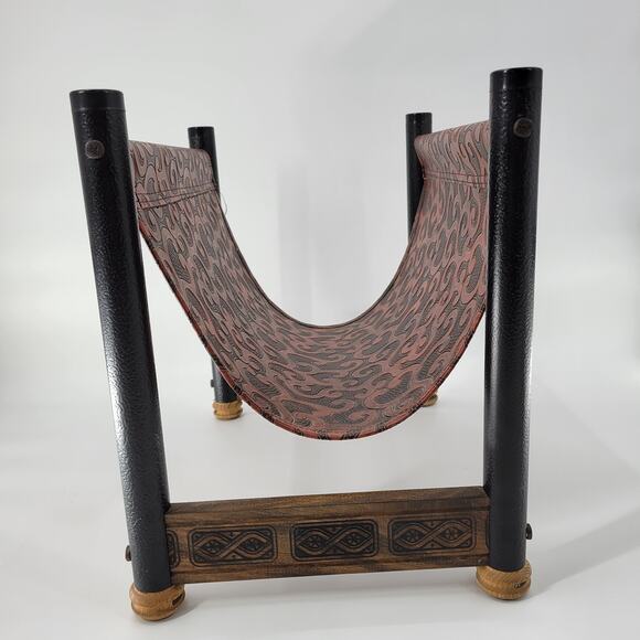 Vintage Log Holder Tan Black Embossed Tooled Leather Wood Magazine Storage - Picture 7 of 13